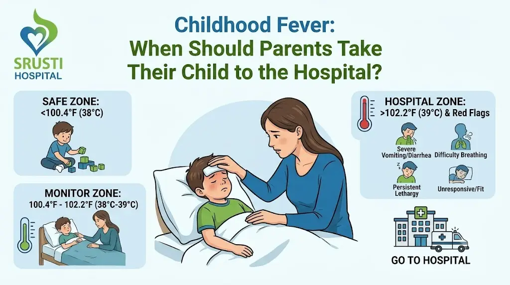 Infographic on a child fever guide with three zones: Safe (102.2&deg;F/39&deg;C) with red-flag symptoms; mother checks child.