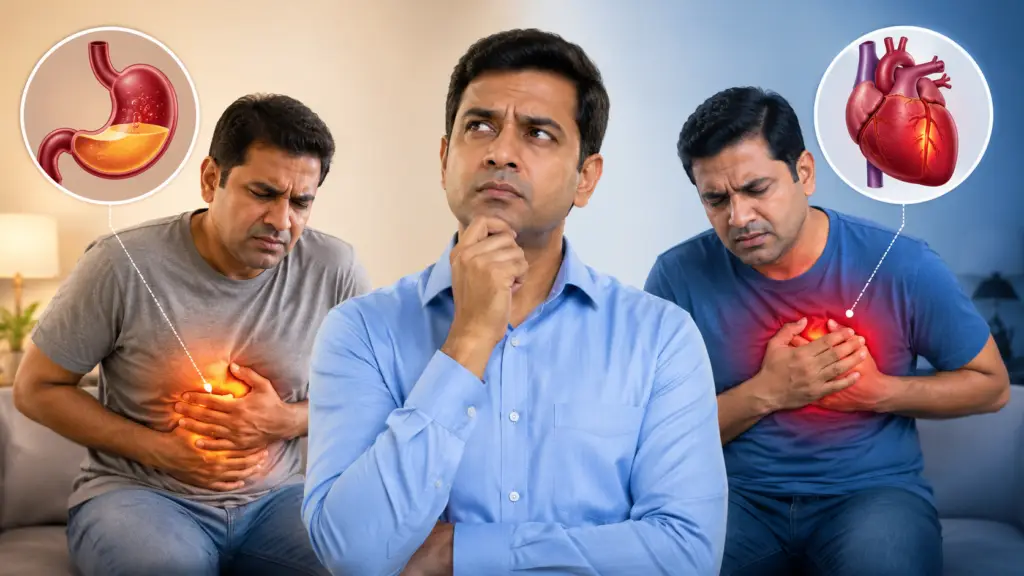 Middle-aged man in blue shirt thinking, with two companions clutching their chests in pain, connected to circular diagrams of a stomach (left) and a heart (right).