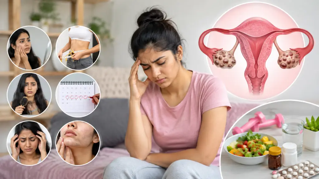 Young woman with a headache surrounded by circular insets about women's health: period calendar, diet, dental pain, hair care, and weight tracking, plus a uterus diagram.