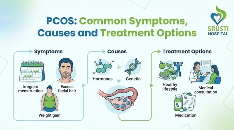 Infographic about PCOS: symptoms (irregular periods, excess facial hair, weight gain) leading to causes (hormonal, genetic) and treatments (lifestyle, doctor, meds).