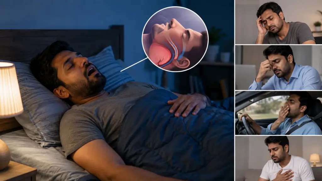Man yawning in bed with a circular throat diagram illustrating sleep apnea; surrounding panels show fatigue and discomfort scenarios (headache, tired at computer, yawning while driving, chest pain).