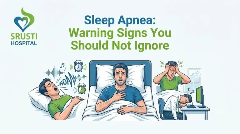 Infographic about sleep apnea warning signs; three people in bed showing symptoms, with the title 'Sleep Apnea: Warning Signs You Should Not Ignore' and a hospital logo on the left.