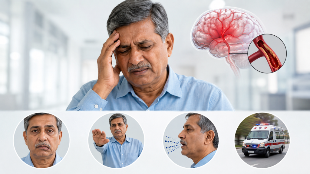 A man holds his head in pain beside a brain and blood vessel diagram illustrating a stroke.