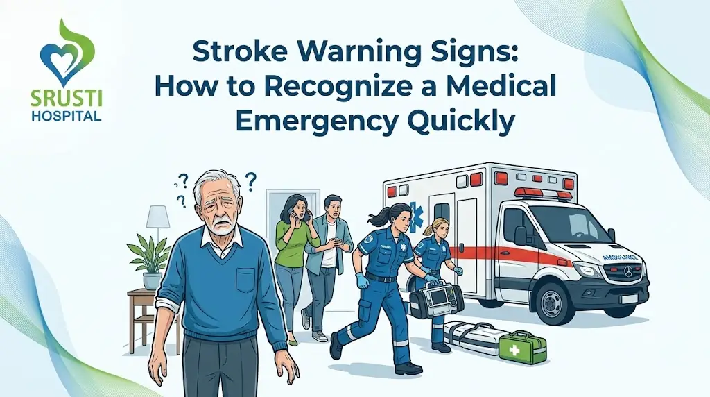 Banner about stroke warning signs: medics transport a patient on a stretcher toward an ambulance with bystanders nearby, on a hospital-themed background, conveying urgency in a medical emergency actions guide.