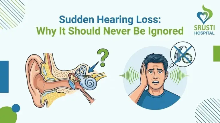 Illustration of the inner ear anatomy and a worried man, signaling sudden hearing loss and urgency to seek help.