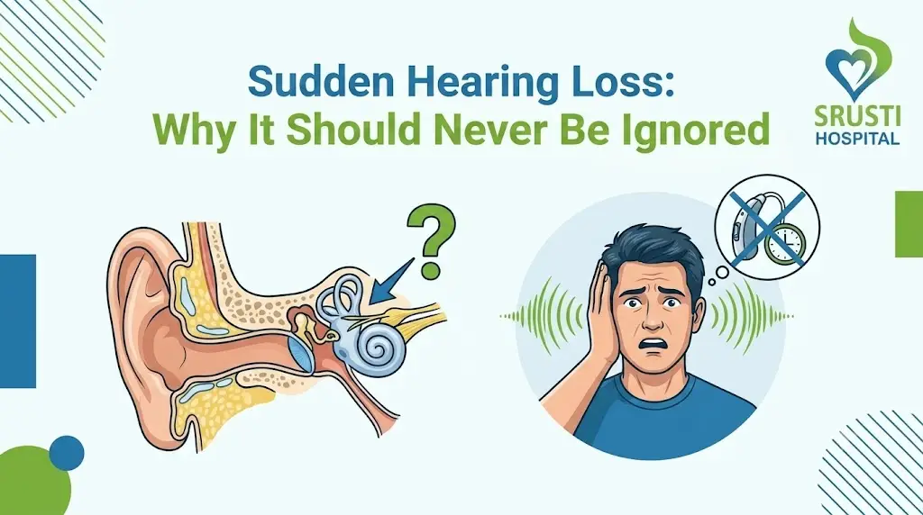 Illustration of the inner ear anatomy and a worried man, signaling sudden hearing loss and urgency to seek help.