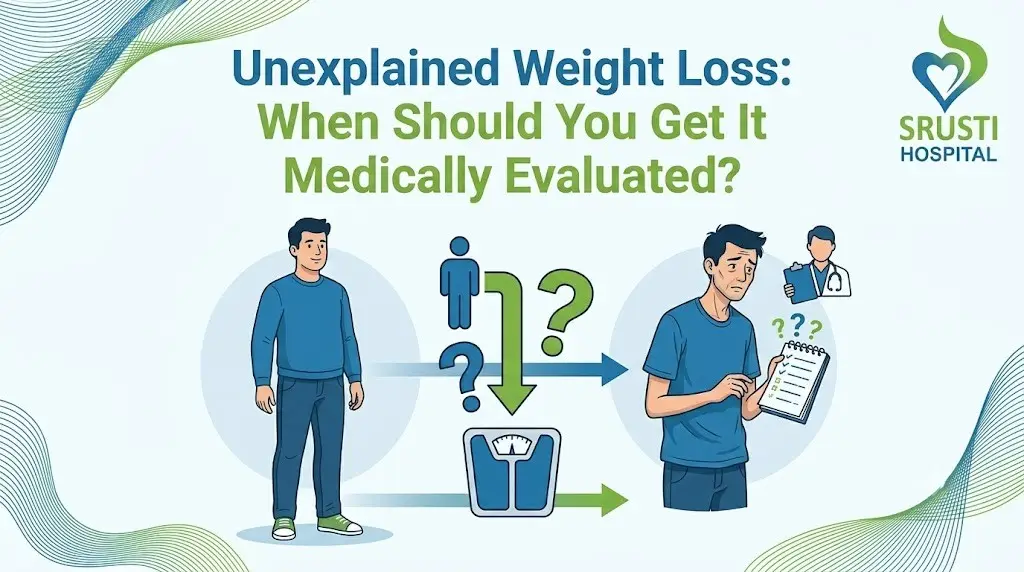 Infographic on unexplained weight loss with a man on the left, a weighing scale in the center, a clinician on the right, and SRUSTI Hospital logo above right.