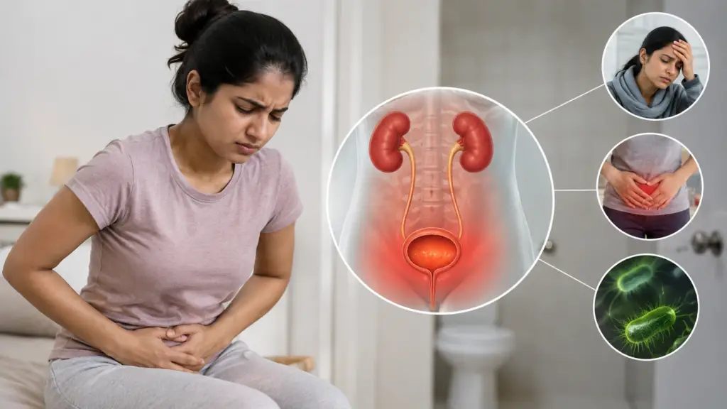 Woman clutching her lower abdomen in pain beside a medical illustration of the urinary system, with insets showing headache, belly pain, and bacteria to indicate a urinary tract infection.