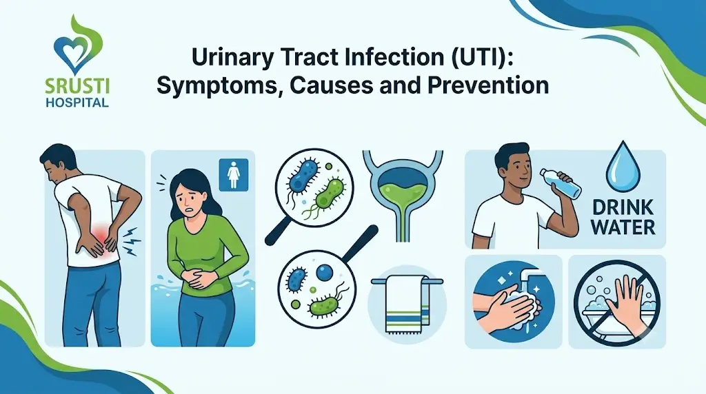 Infographic about urinary tract infection: symptoms, causes and prevention with icons and SRUSTI Hospital logo