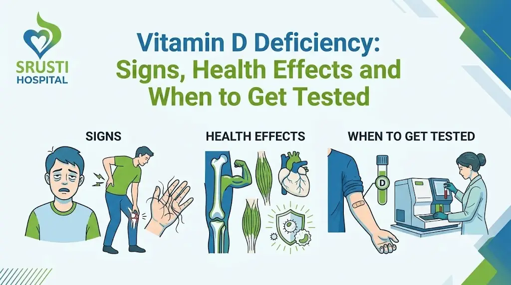 Infographic titled Vitamin D Deficiency: Signs, Health Effects and When to Get Tested, with icons of fatigue, joint pain, bones, and a lab test.