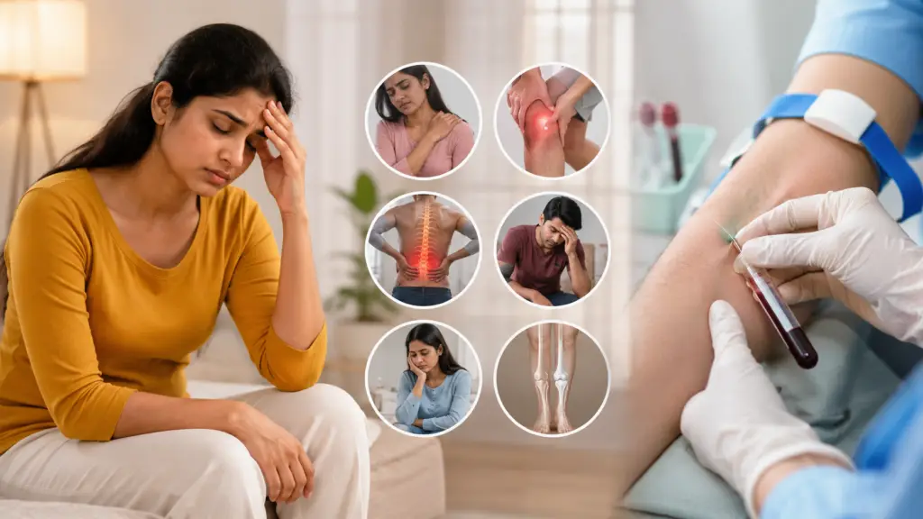 An upset woman sits with a hand on her temple, surrounded by circular panels showing various pain areas (shoulder, knee, back, legs) as a clinician prepares a leg injection nearby.