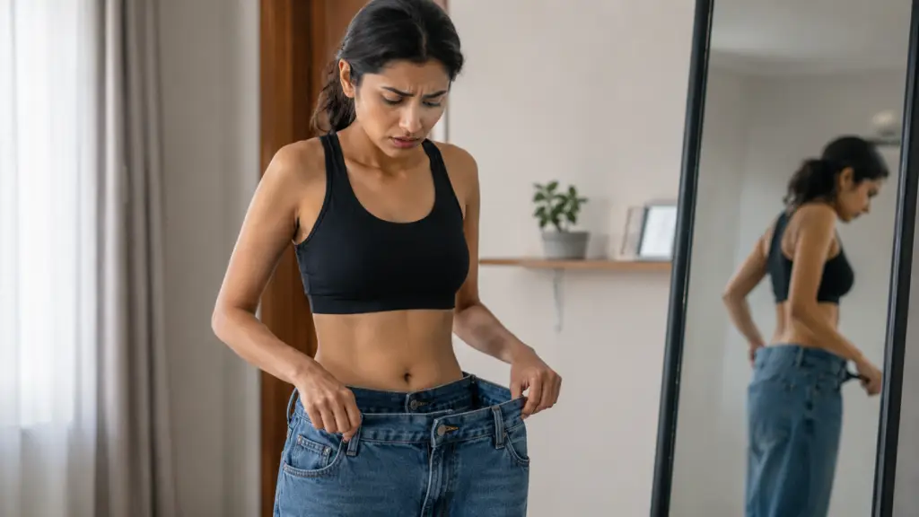 Woman in a black sports bra pulling on oversized blue jeans, frowning at the loose waistband in a bright room with a mirror nearby.